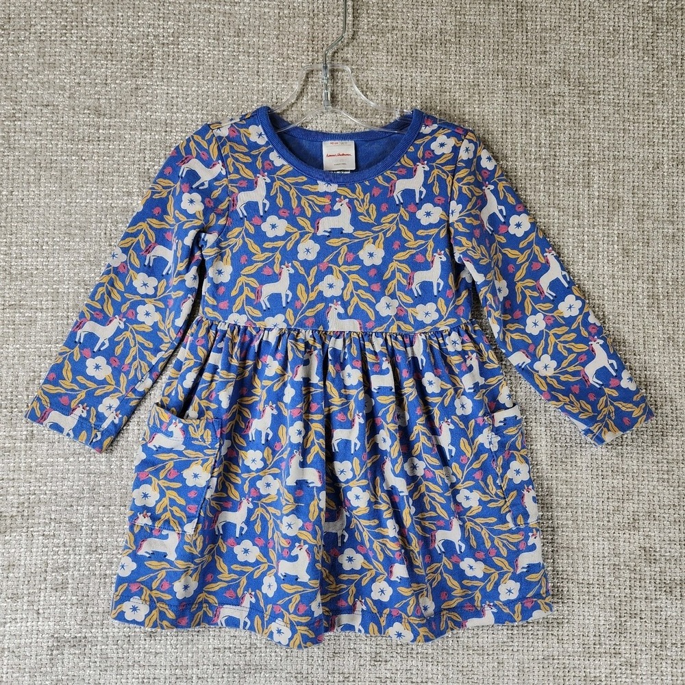 Hanna Andersson Skater Dress Pockets Toddler 3T Blue Unicorns Flowers Cotton